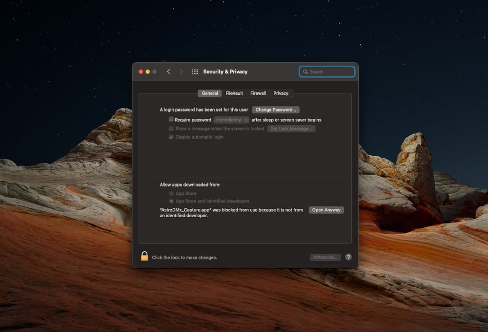 Screenshot showing Security and Privacy on macOS