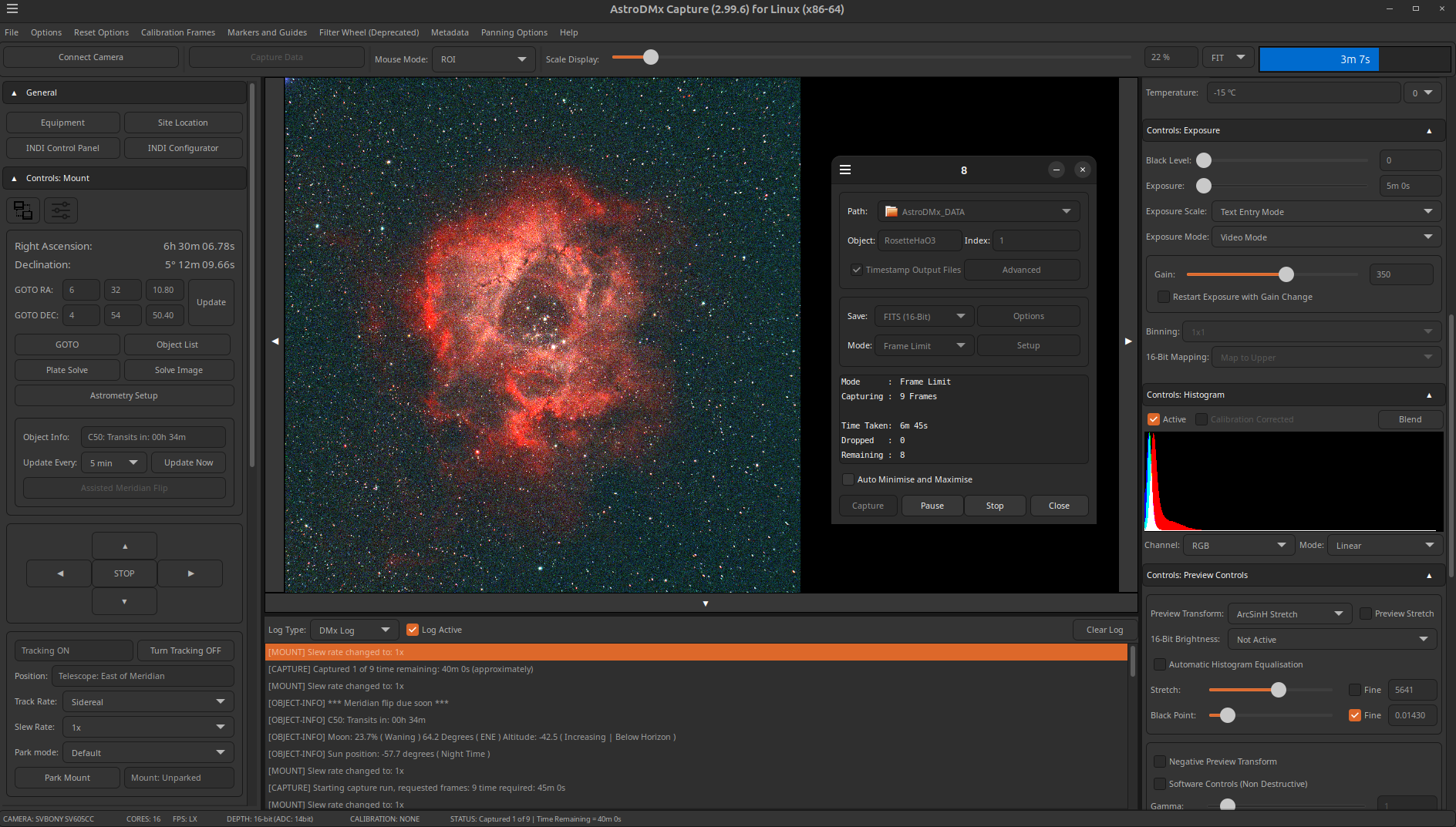 Screenshot of AstroDMx Capture using the INDI mount controls